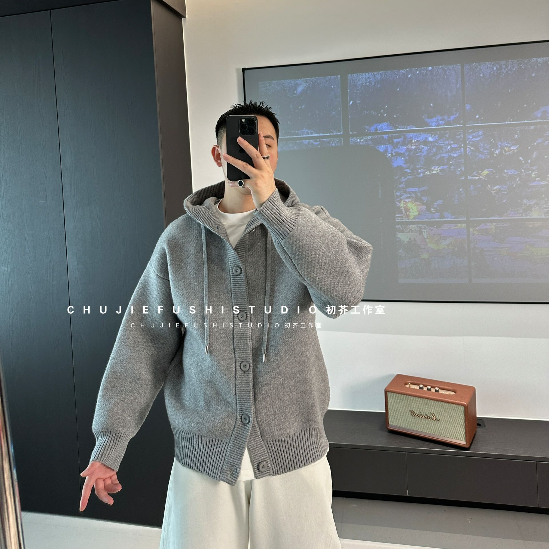 CHUJIE韩版时尚休闲慵懒风针织重磅连帽毛衣秋冬外套