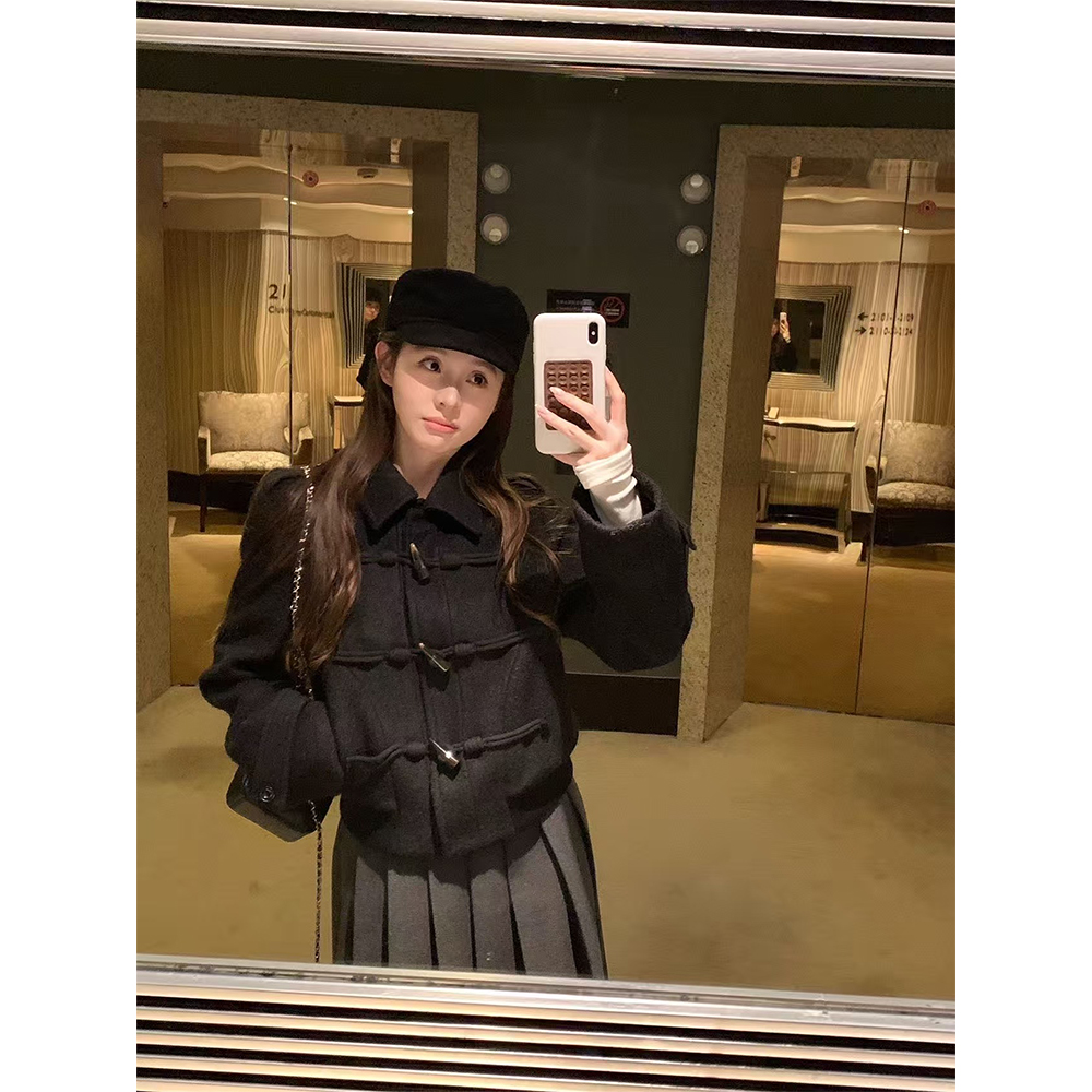 【宅女同款】韩系小香风夹棉翻领短款牛角扣圈圈毛呢外套上衣23385#