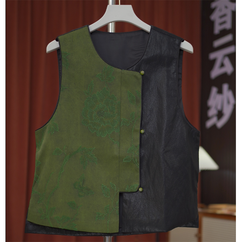 1323-重磅缂丝提花老料草木染女双层上衣无袖马甲