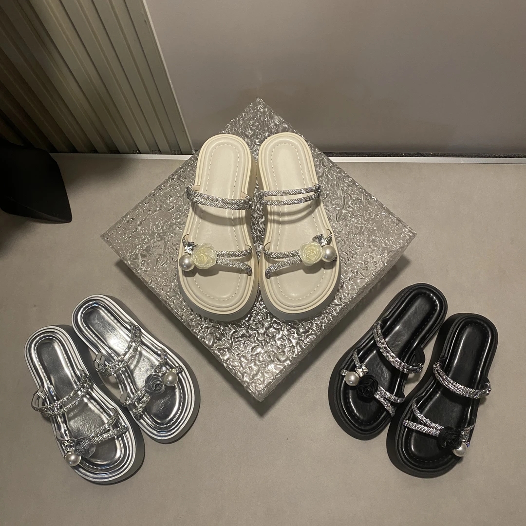 2025夏季新款小花朵珍珠亮闪闪水钻简约百搭气质外穿舒适拖鞋-5CM