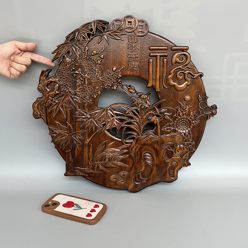 东阳木雕挂件中式仿古圆形玄关客厅实木壁挂家居装饰画壁饰香樟木