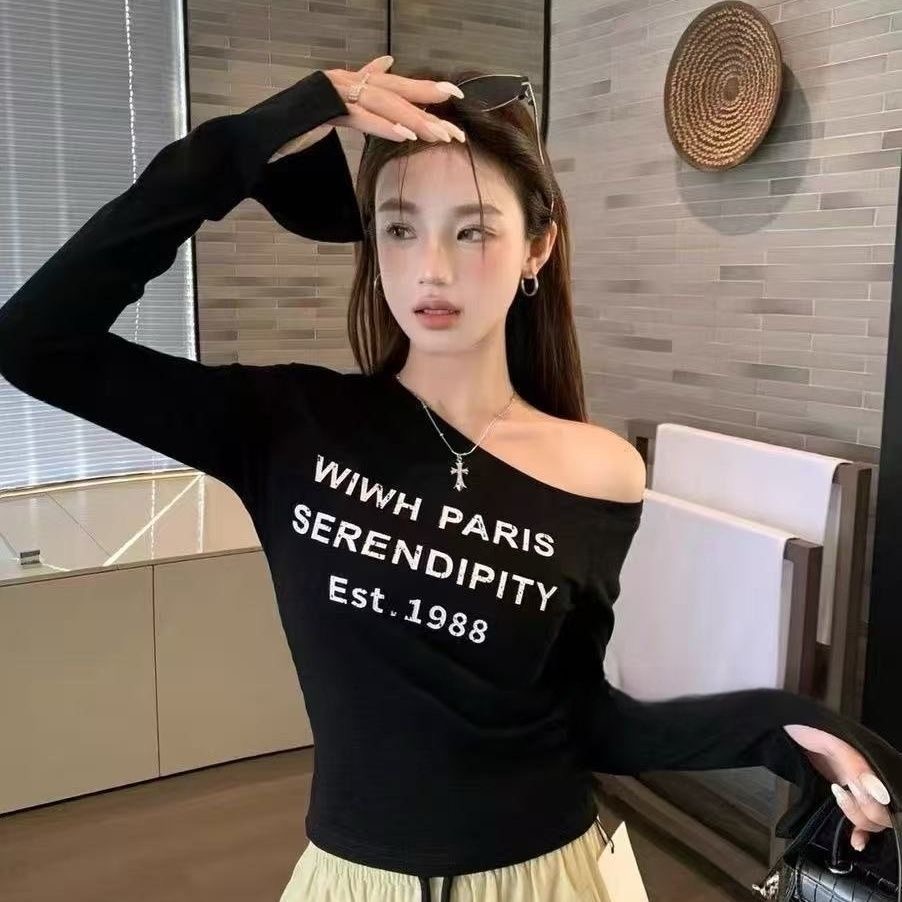 美式辣妹斜领长袖t恤女个性字母印花褶皱修身显瘦露肩