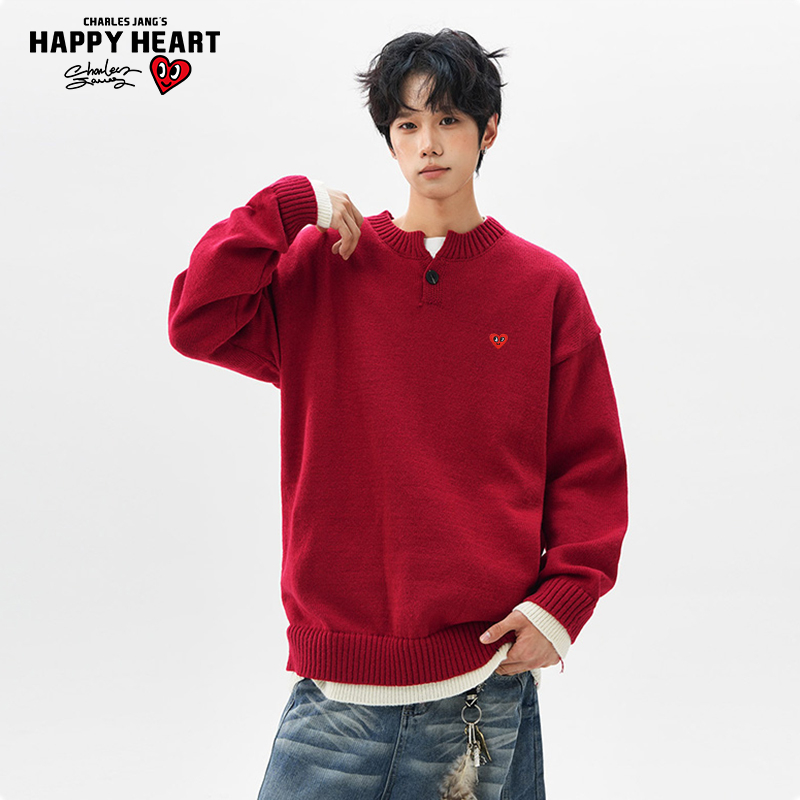 查尔斯桃心假两件亨利领毛衣男女秋冬季高级感红色喜庆针织打底衫