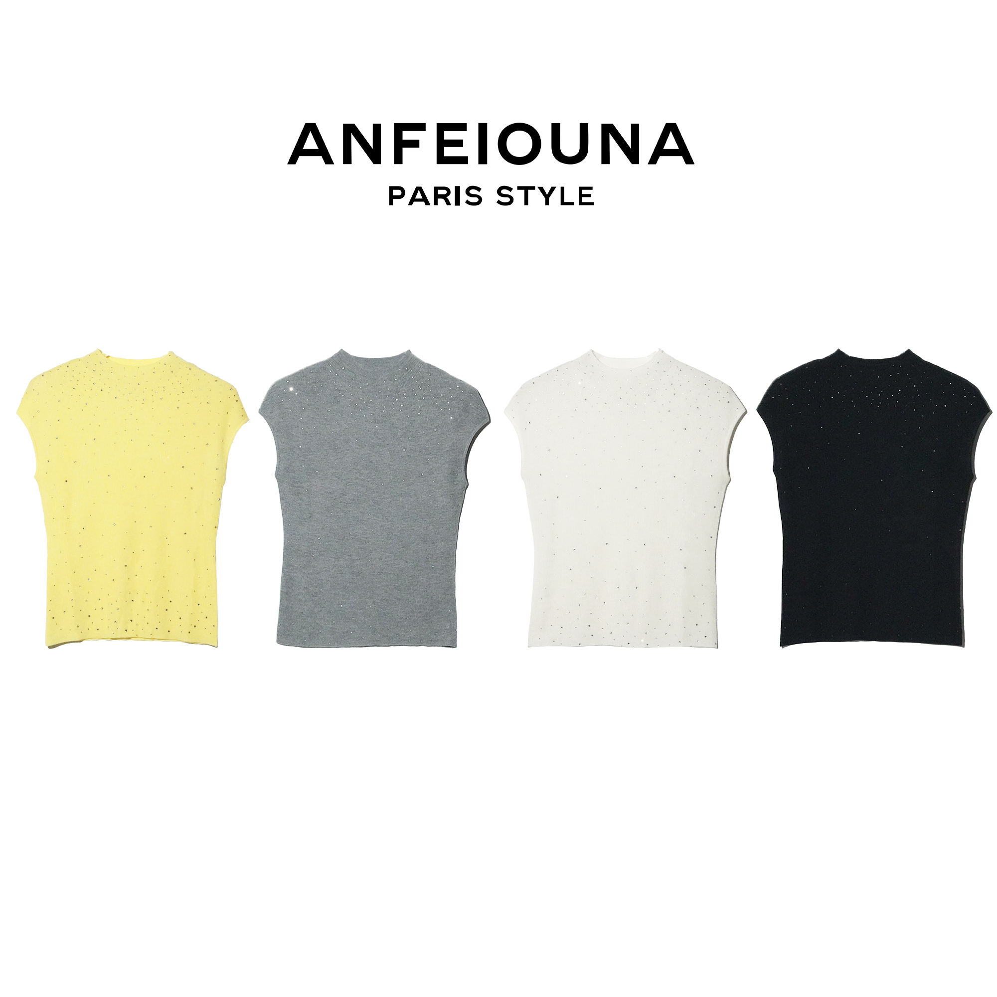 2025新款气质名媛烫钻修身显瘦半高领短袖针织衫上衣女3467