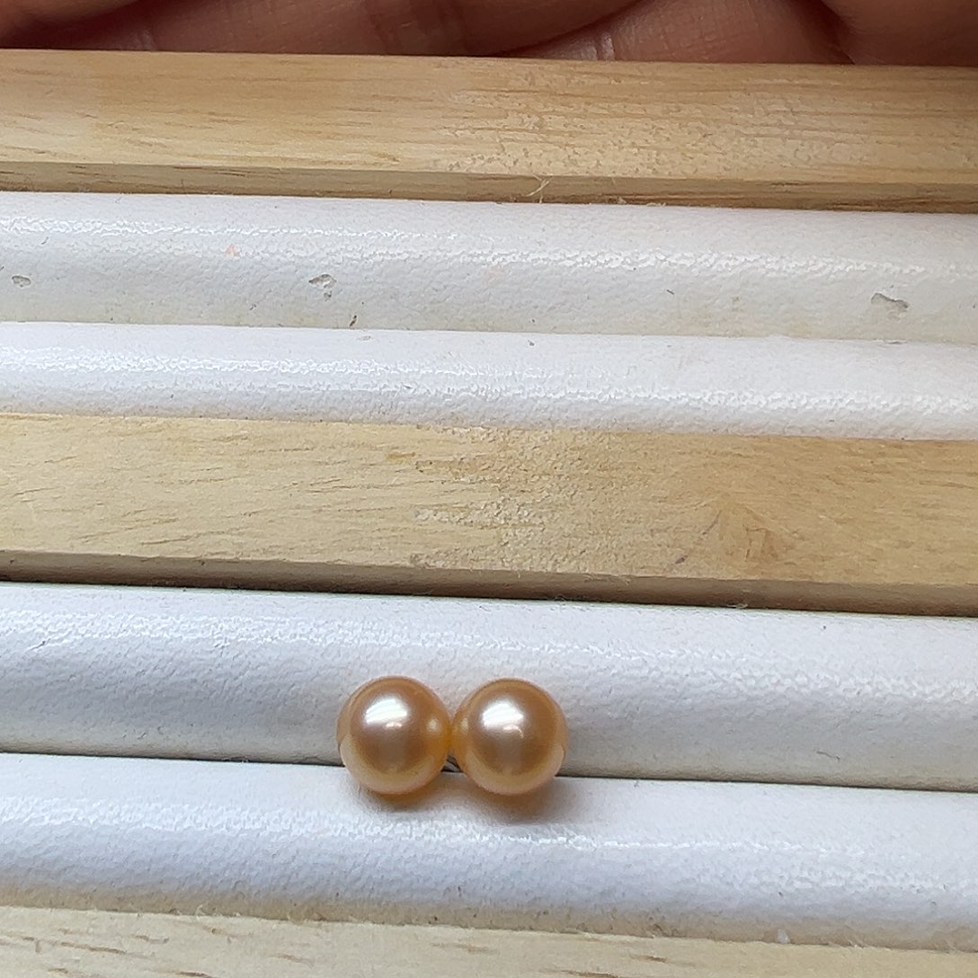 银S925镶嵌淡水珍珠耳饰6-7mm正圆橘金色