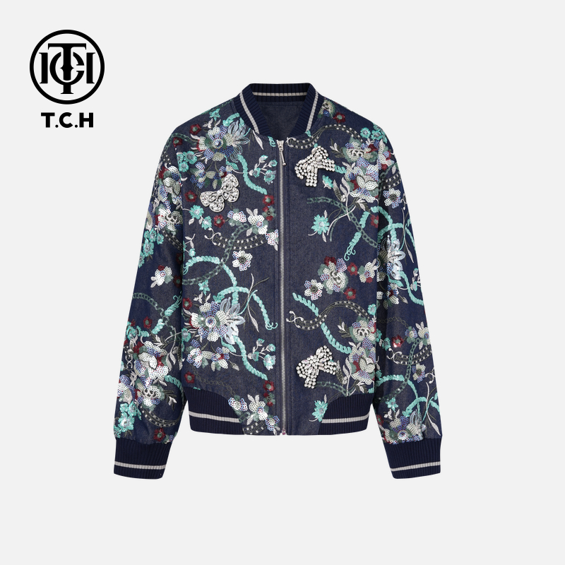 TCH轻奢潮牌烫钻印花复古休闲夹克外套 T75C06E1002私服tch