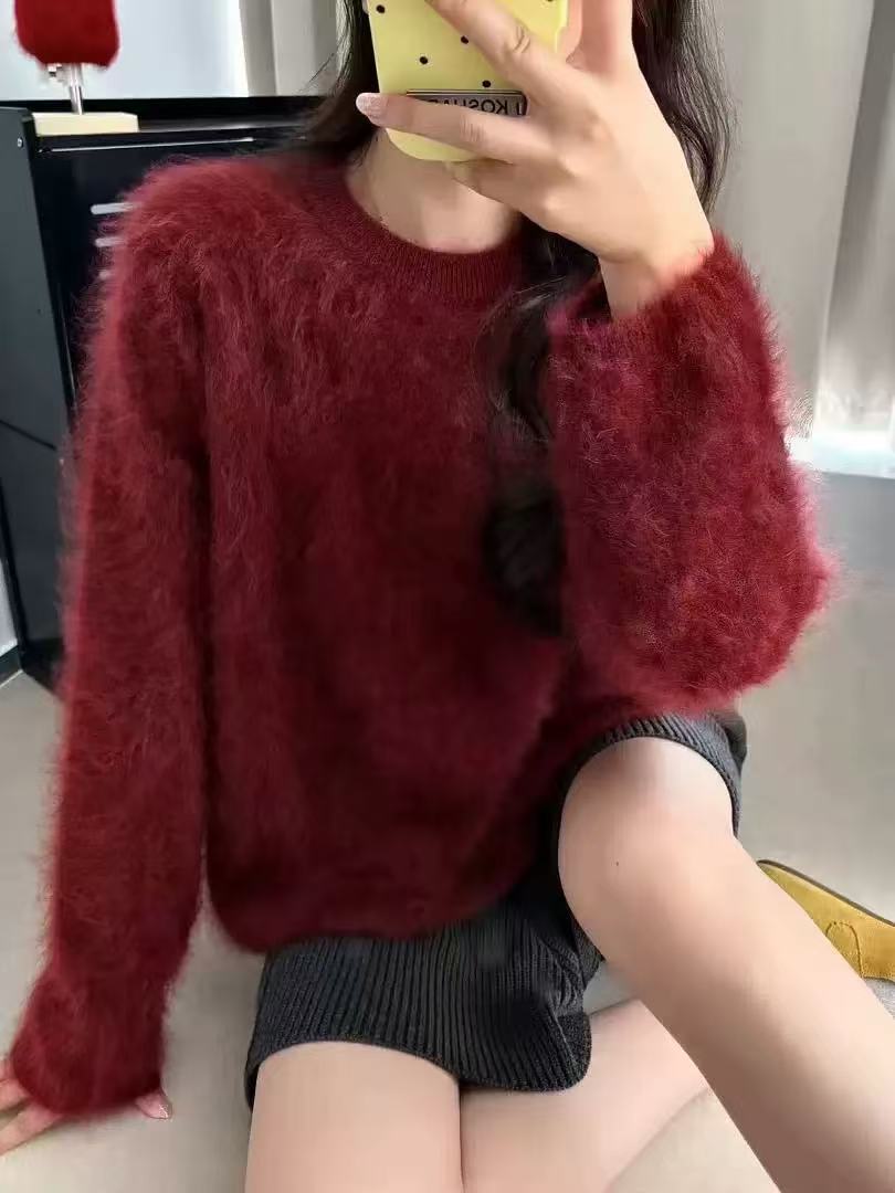 6036【三炫女装】热情似火~新款设计气质纯色时尚百搭圆领拉绒上衣