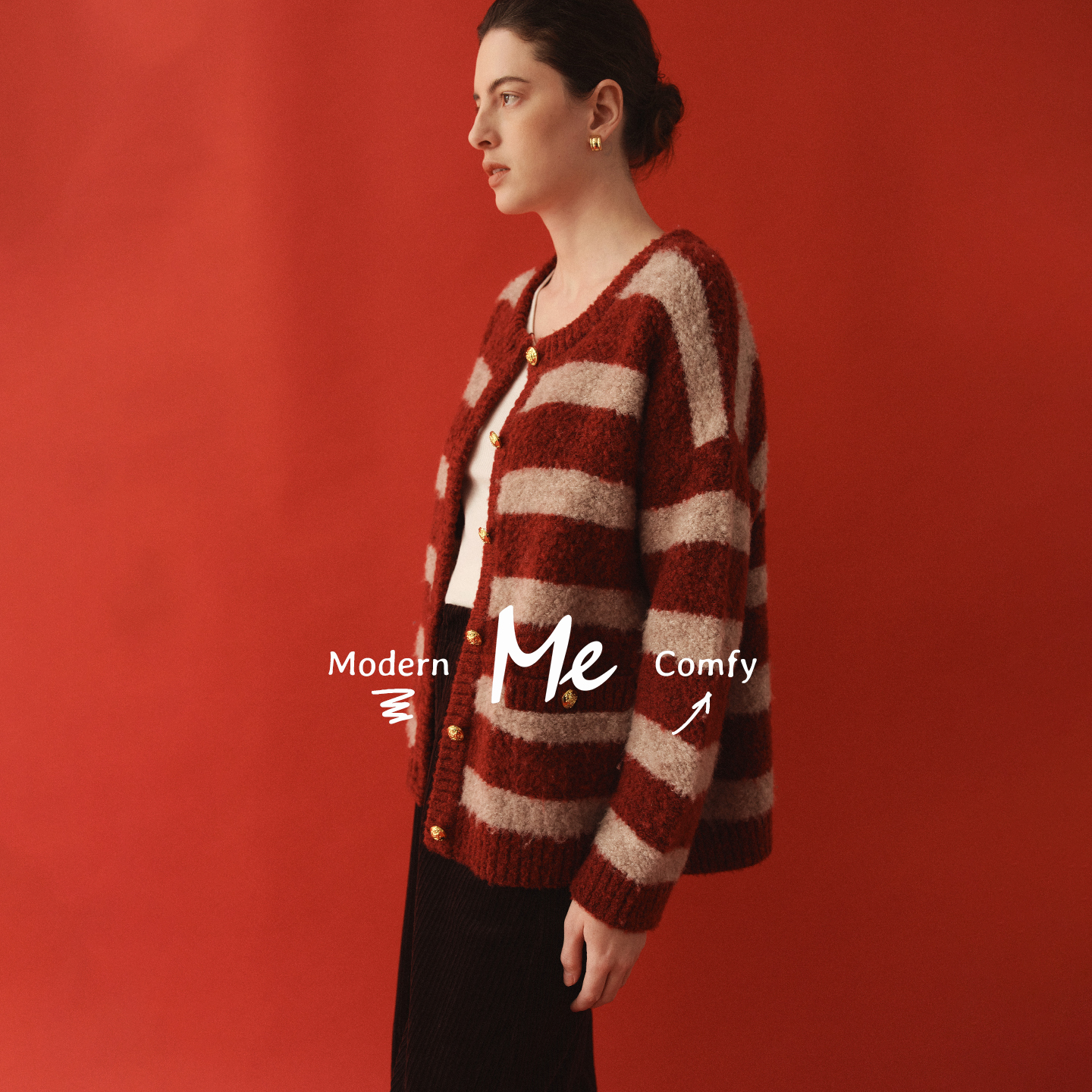 ME【条纹开衫】新年红色绵羊毛混纺双色圈圈纱针织毛衣MEQA4376