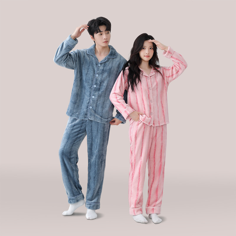 法兰绒男女秋冬款简约家居服条纹开衫情侣套装加厚保暖睡衣可外穿