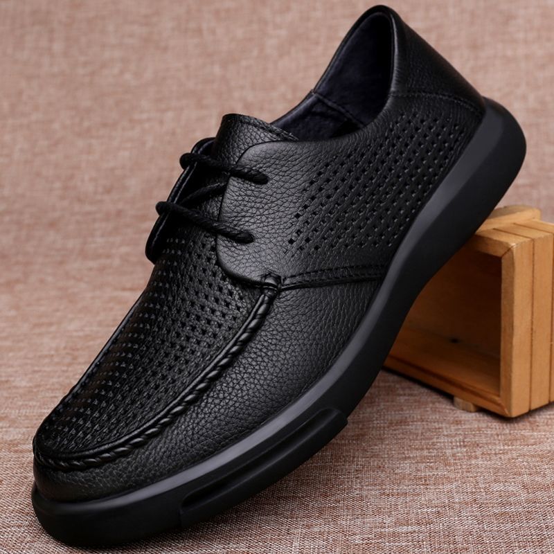 夏季休闲镂空真皮透气凉鞋柔软摔纹头层牛皮休闲皮鞋商务洞洞男鞋
