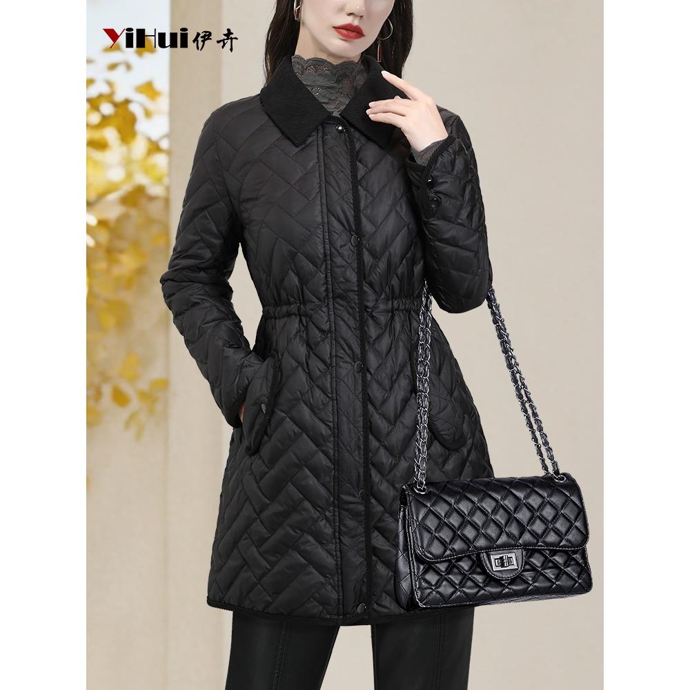 YIHUI伊卉高级感中长款收腰白鸭绒羽绒服女时尚黑色保暖WG256789