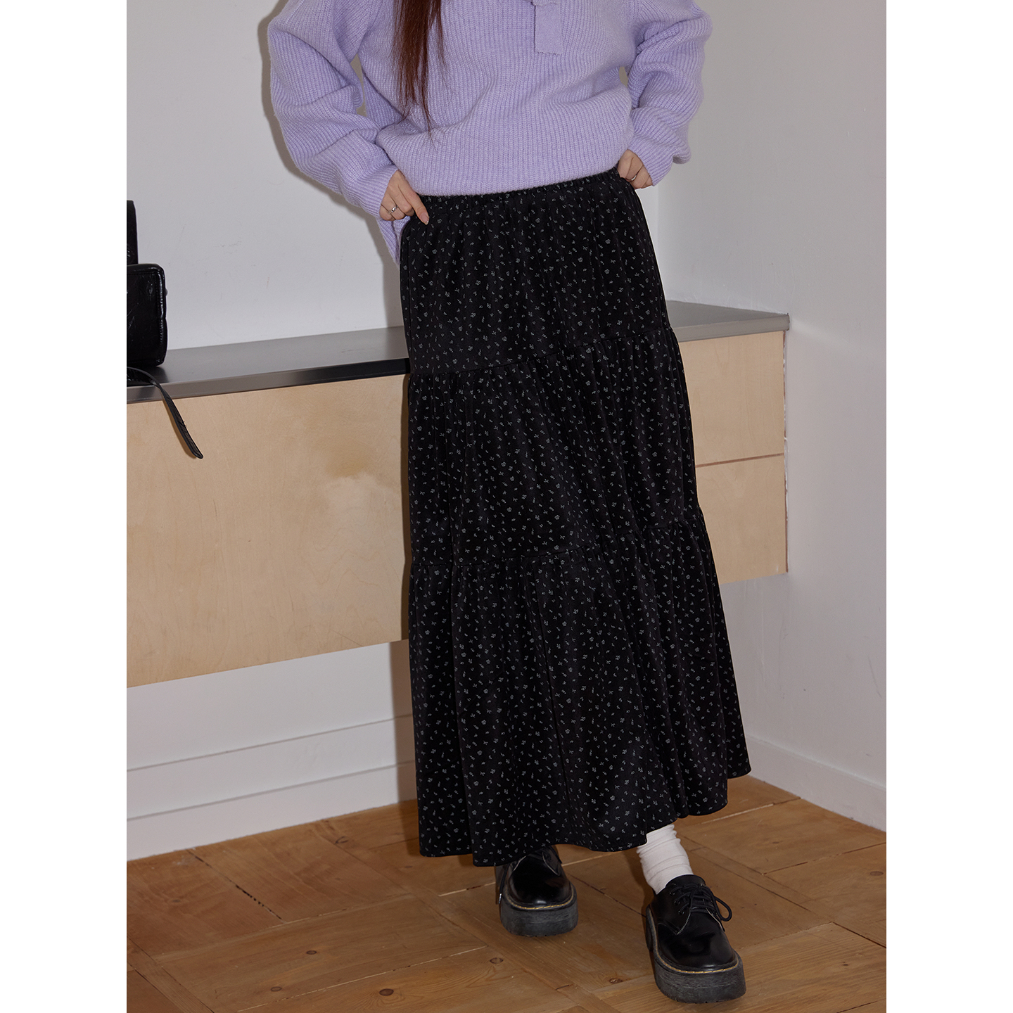 【下架】韩系黑色波点半身裙女2025秋冬高级气质休闲显瘦A字长裙