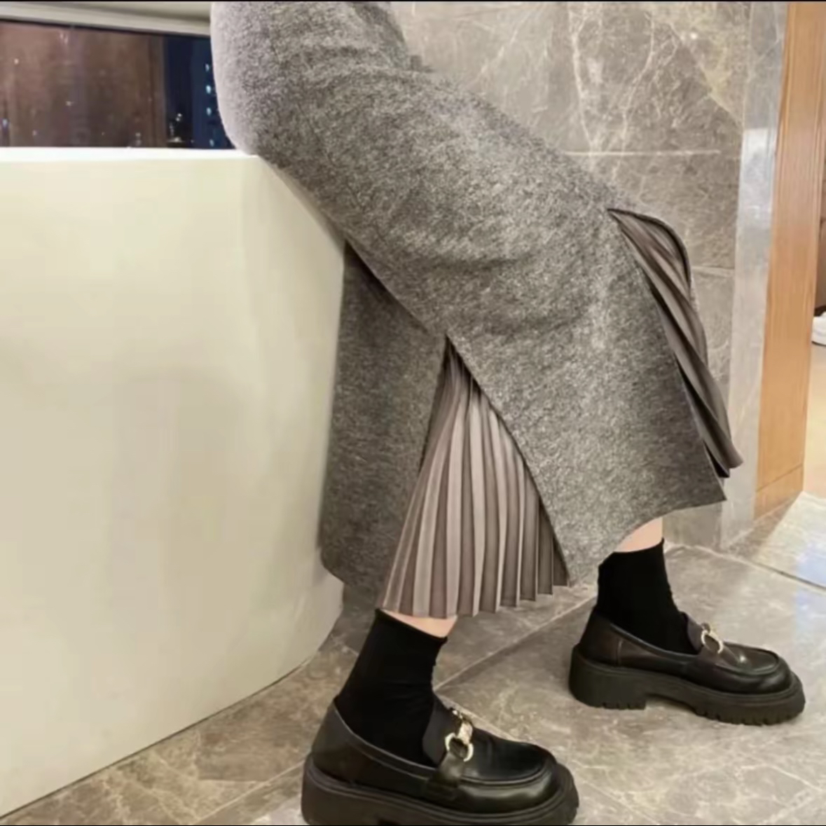 GIRDEAR/哥弟新款时尚百搭优雅开叉高腰鱼尾羊毛包臀半裙1200232