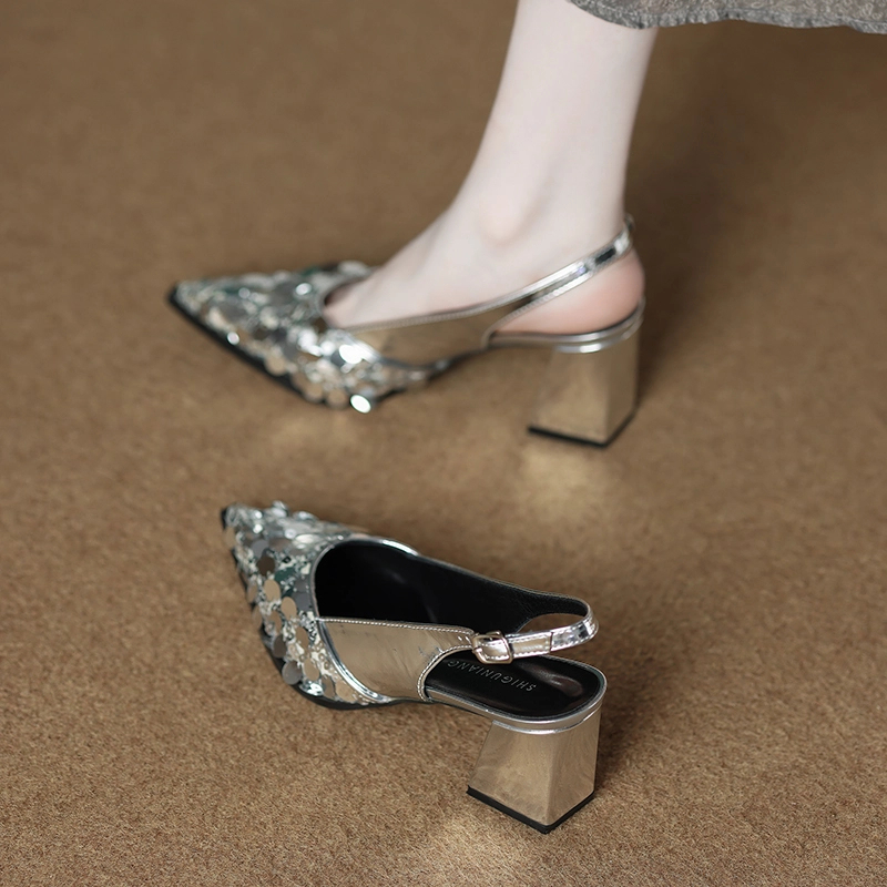 高级感亮片尖头时尚气质高跟银色单鞋女2025夏天配裙子的包头凉鞋