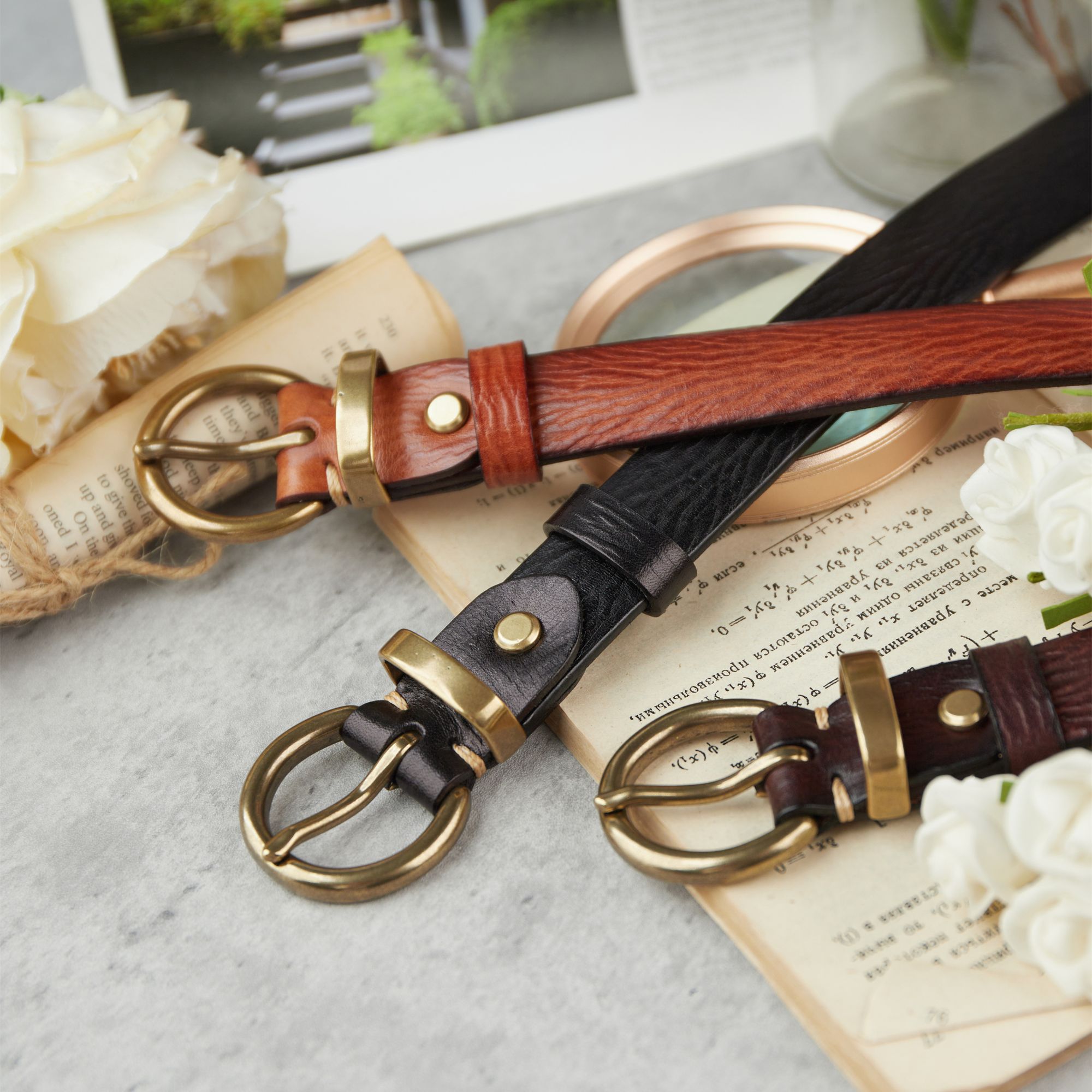 女士植鞣头层牛皮文艺复古小圆扣真皮铜扣百搭休闲牛仔裤皮带腰带