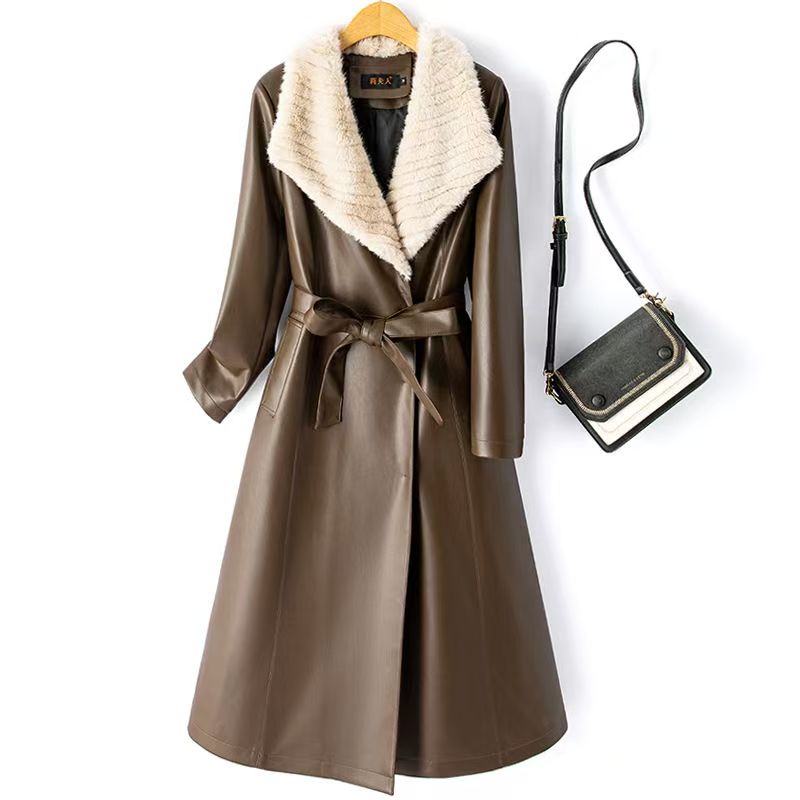 海宁冬季女士中长款韩版修身时尚服装加绒加厚皮衣外套8355