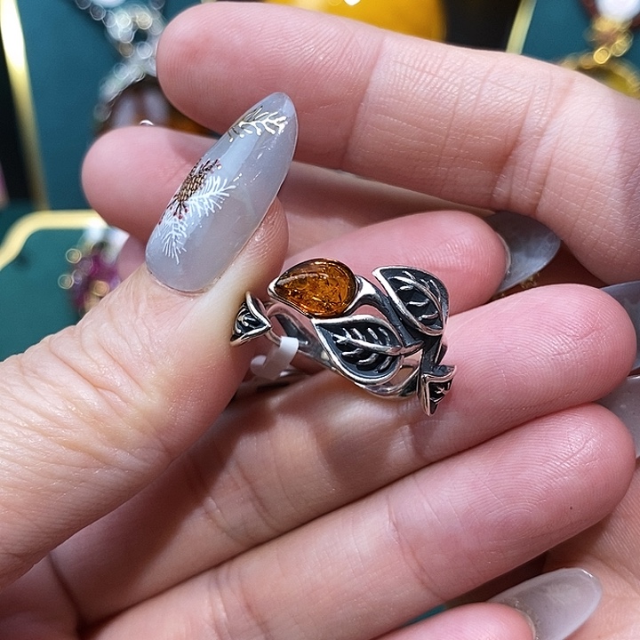琥珀（花珀）戒指银S925镶嵌