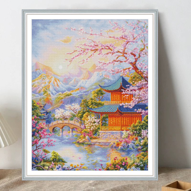 春天十字绣客厅满绣竖版山水风景挂画手工自己绣材料套件