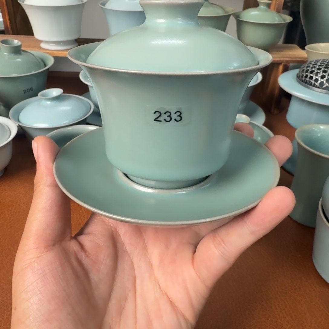 陶摆件一级仿古青绿超薄胎三才马蹄盖碗