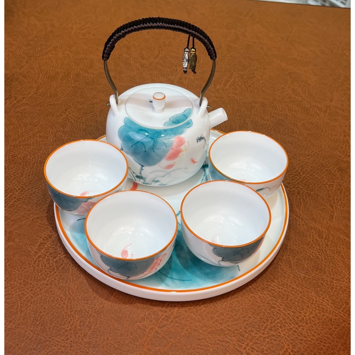 手绘鱼戏荷花提梁壶品茗杯荷花干泡茶盘ZH2604