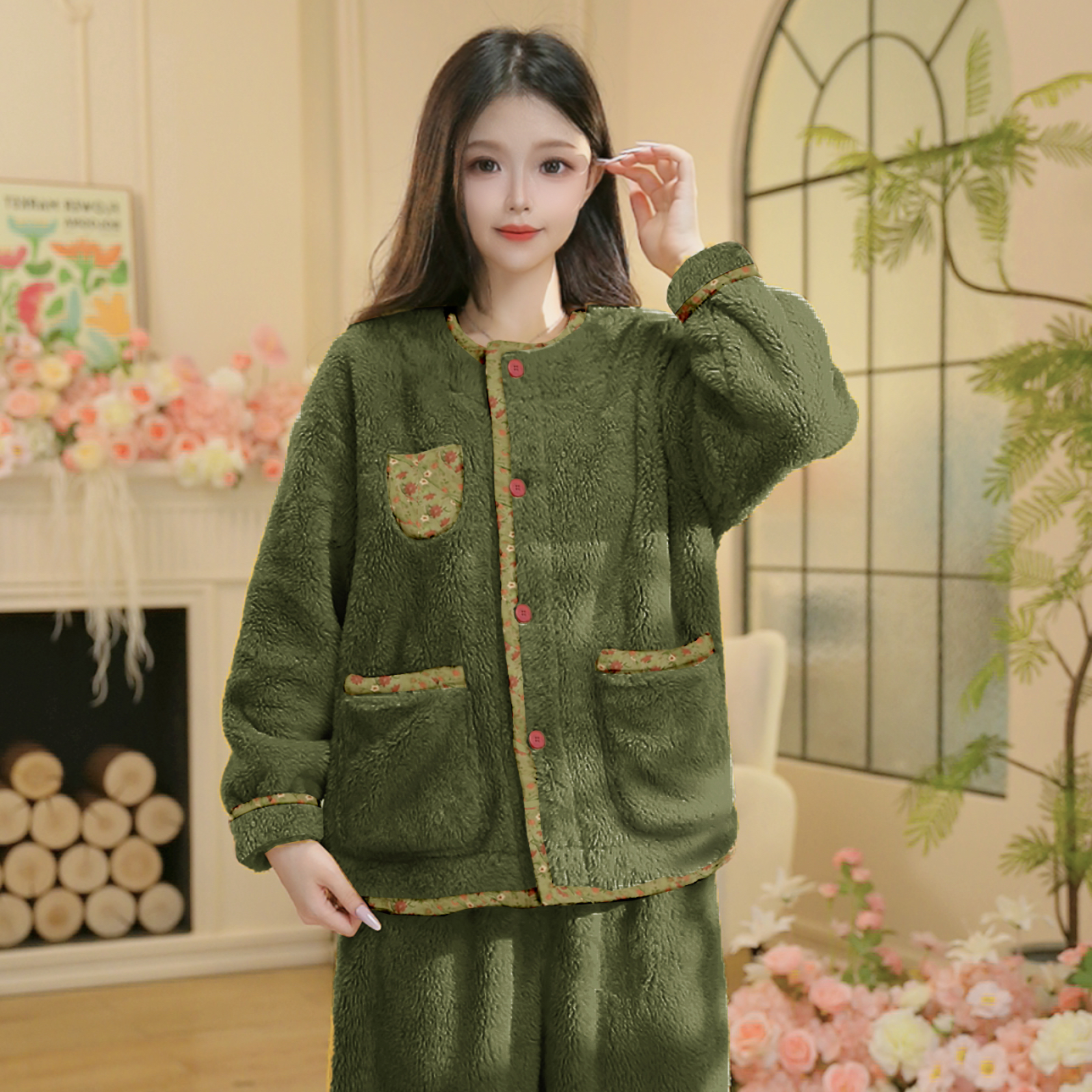 【绿拼碎花】M冬新款长袖加绒厚款家居服高颜值柔软睡衣套装