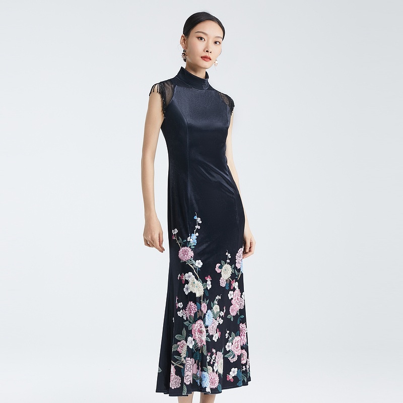 SUSSI/古色季新款商场同款黑色印花鱼尾改良旗袍裙礼服女装