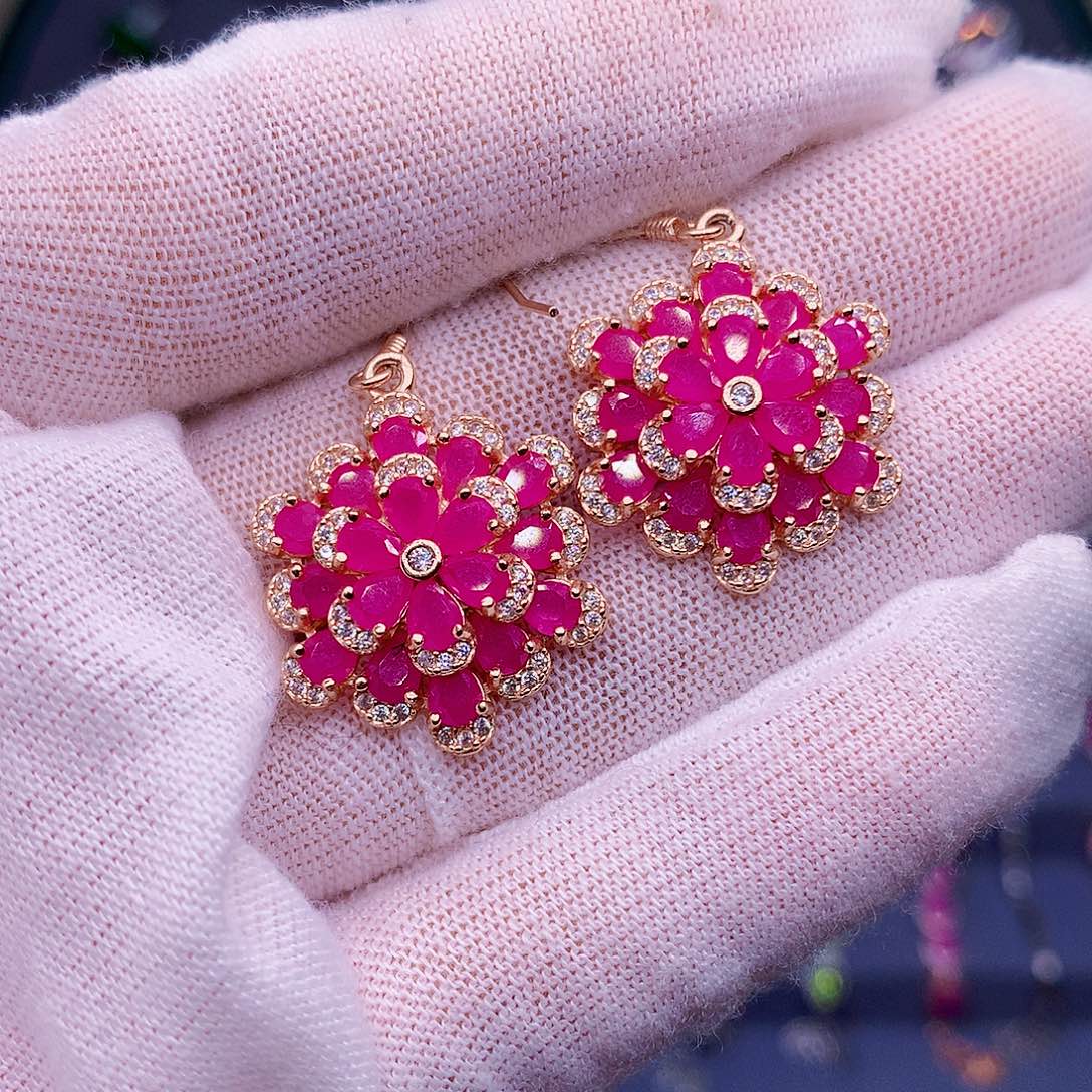 红宝石耳饰银S925镶嵌