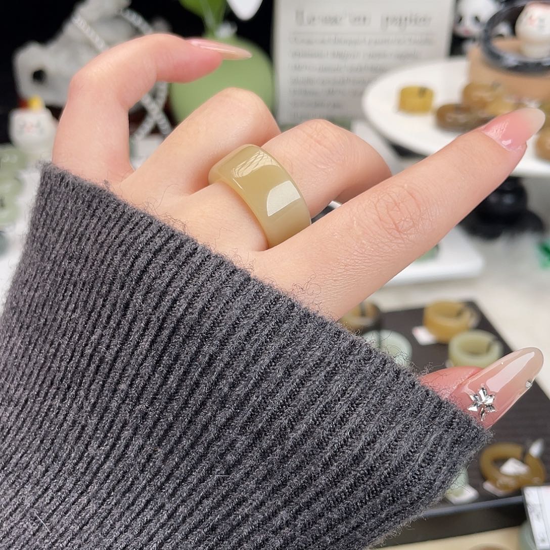 和田玉未镶嵌戒指h16奶棕窄直切内径17.4不退换