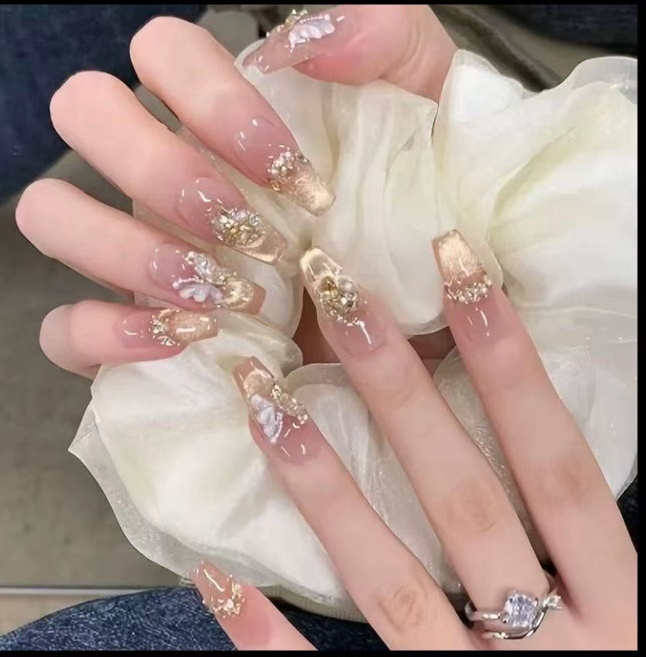 【烫金蝴蝶】纯手工穿戴甲美甲穿戴式光疗甲冰透 渐变流行纯欲