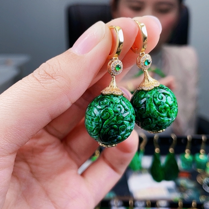 翡翠耳饰银S925镶嵌饰品