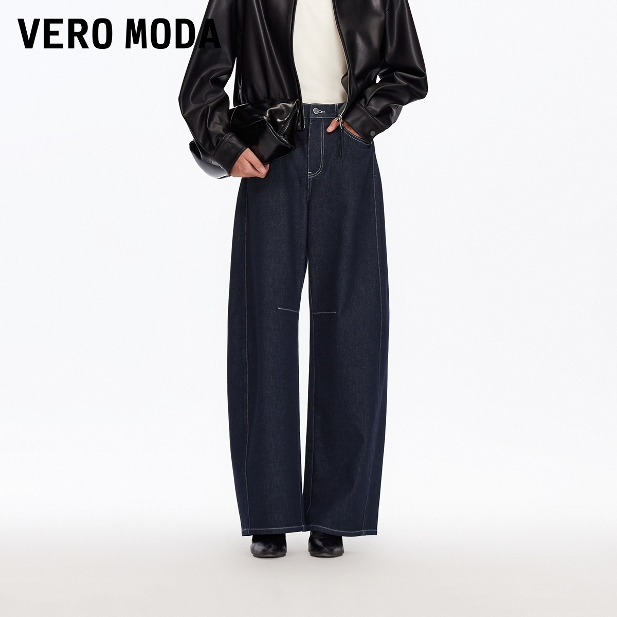 Vero Moda牛仔裤2025秋季新款含棉撞色明线宽松阔腿裤百搭流光风