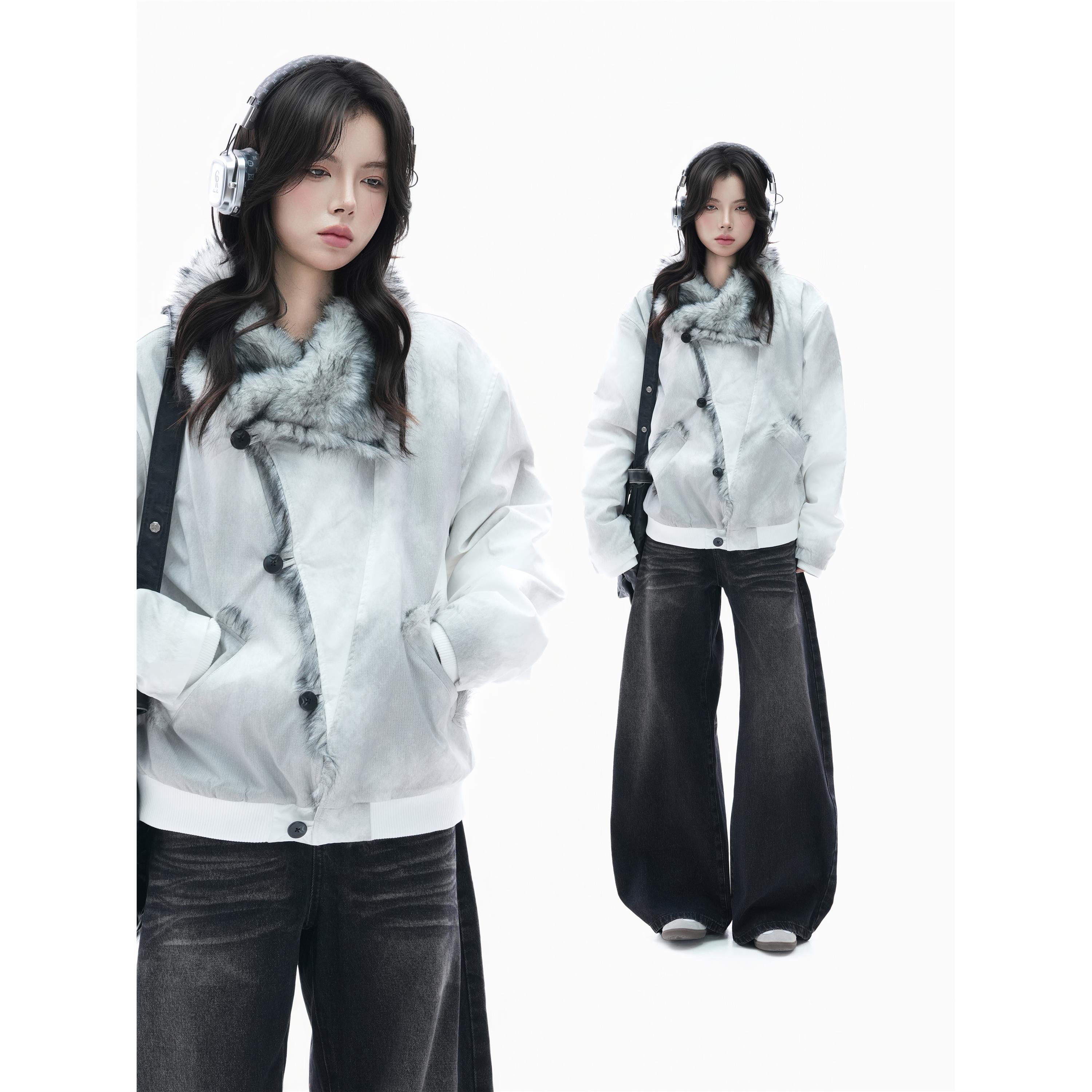 【Mu&Mu】美式街头毛绒翻领座山雕棉服设计感斜扣扎染棉服外套