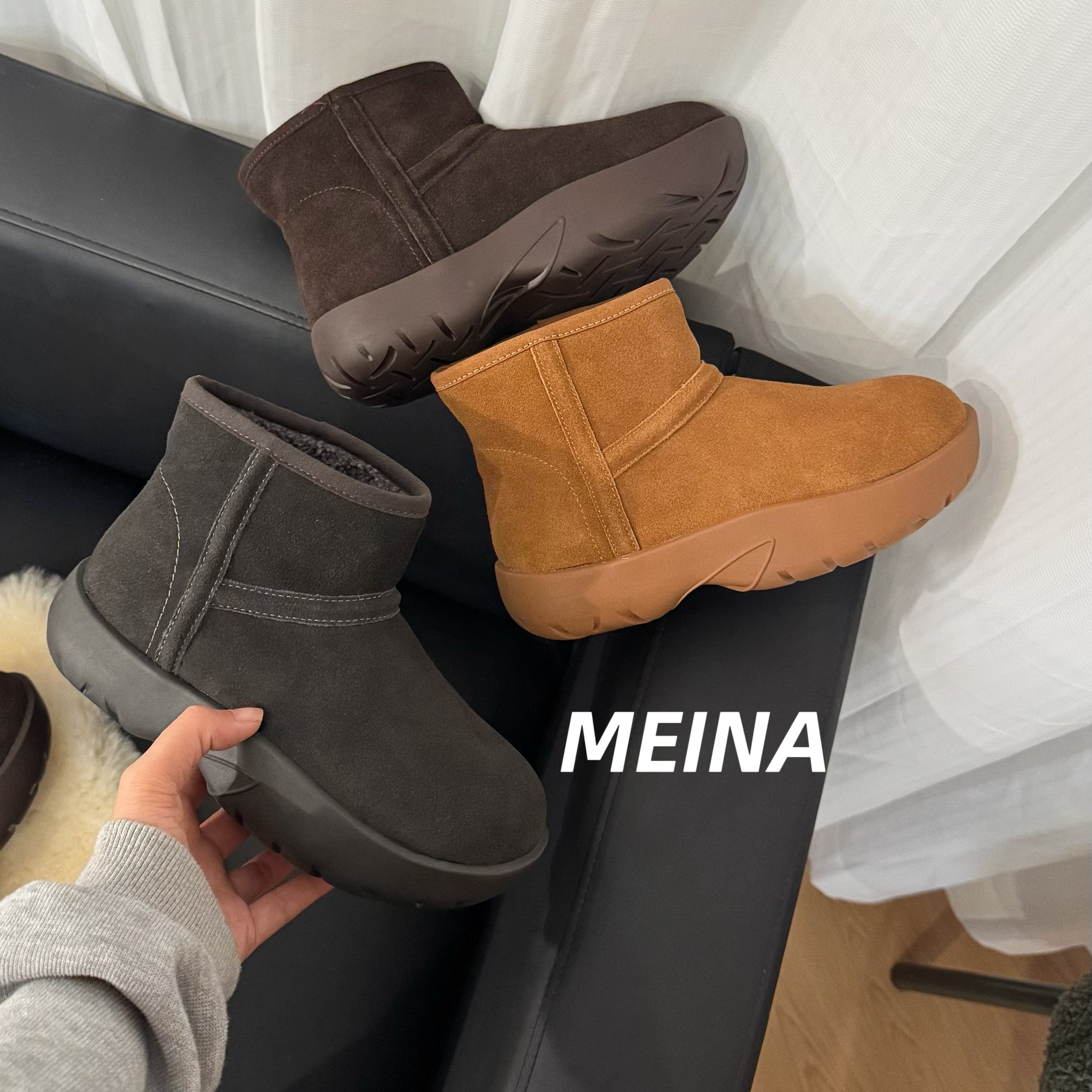 【美娜】头层牛皮加绒短筒雪地靴女BV鞋2801