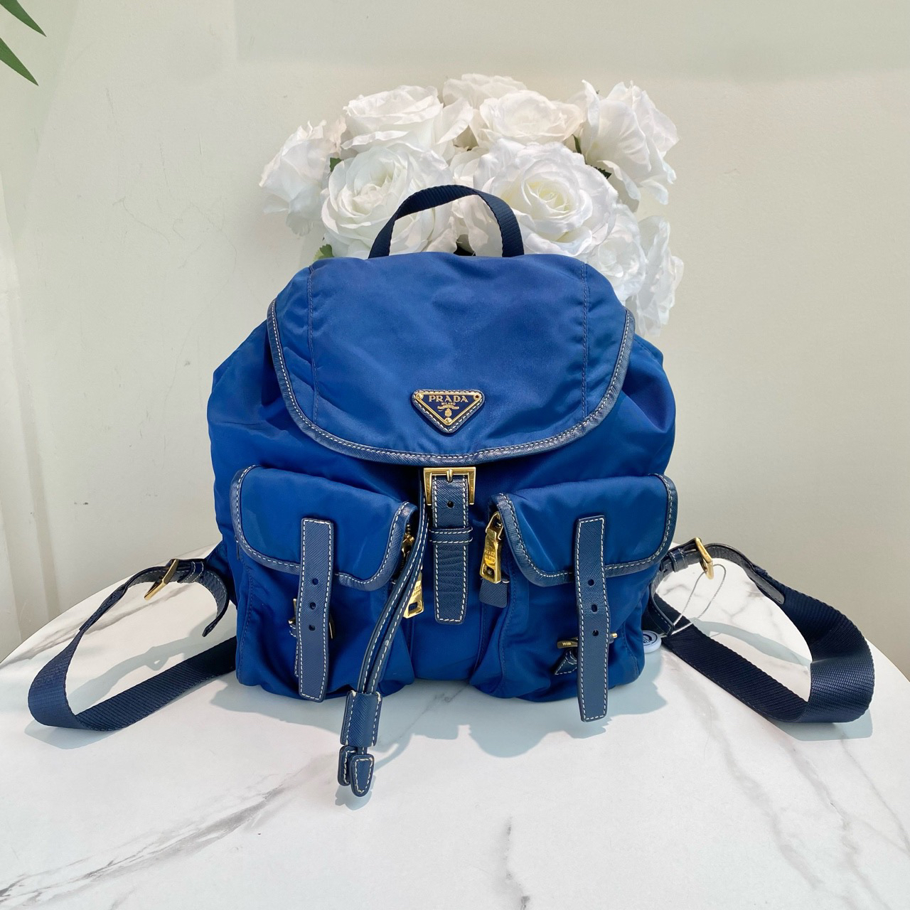 95新 Prada/普拉达 御古屋/29548/蓝色双肩包