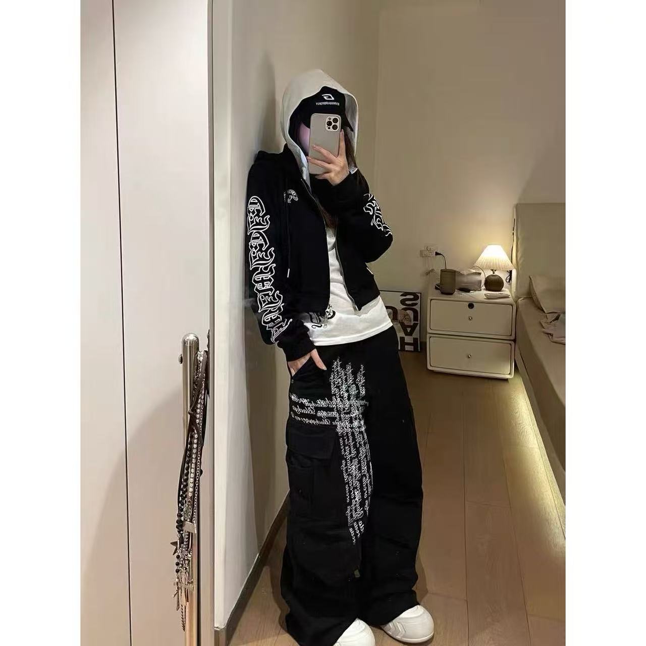 字母美式水洗黑色工装裤女春秋直筒阔腿宽松潮牌裤子设计感小众