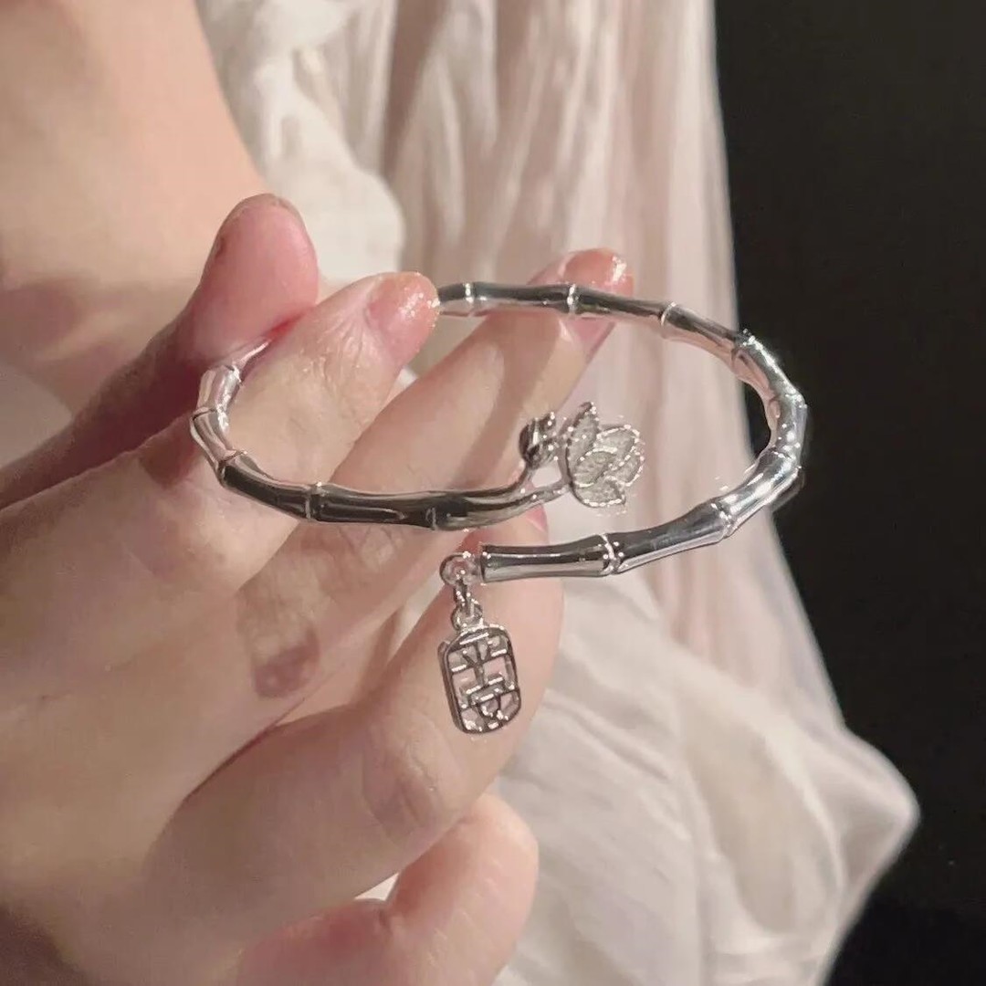 足银手镯 T56平安手镯女士高级感少女小巧精致可调节平安ins竹莲