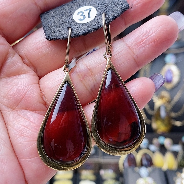 琥珀耳饰银S925镶嵌耳环