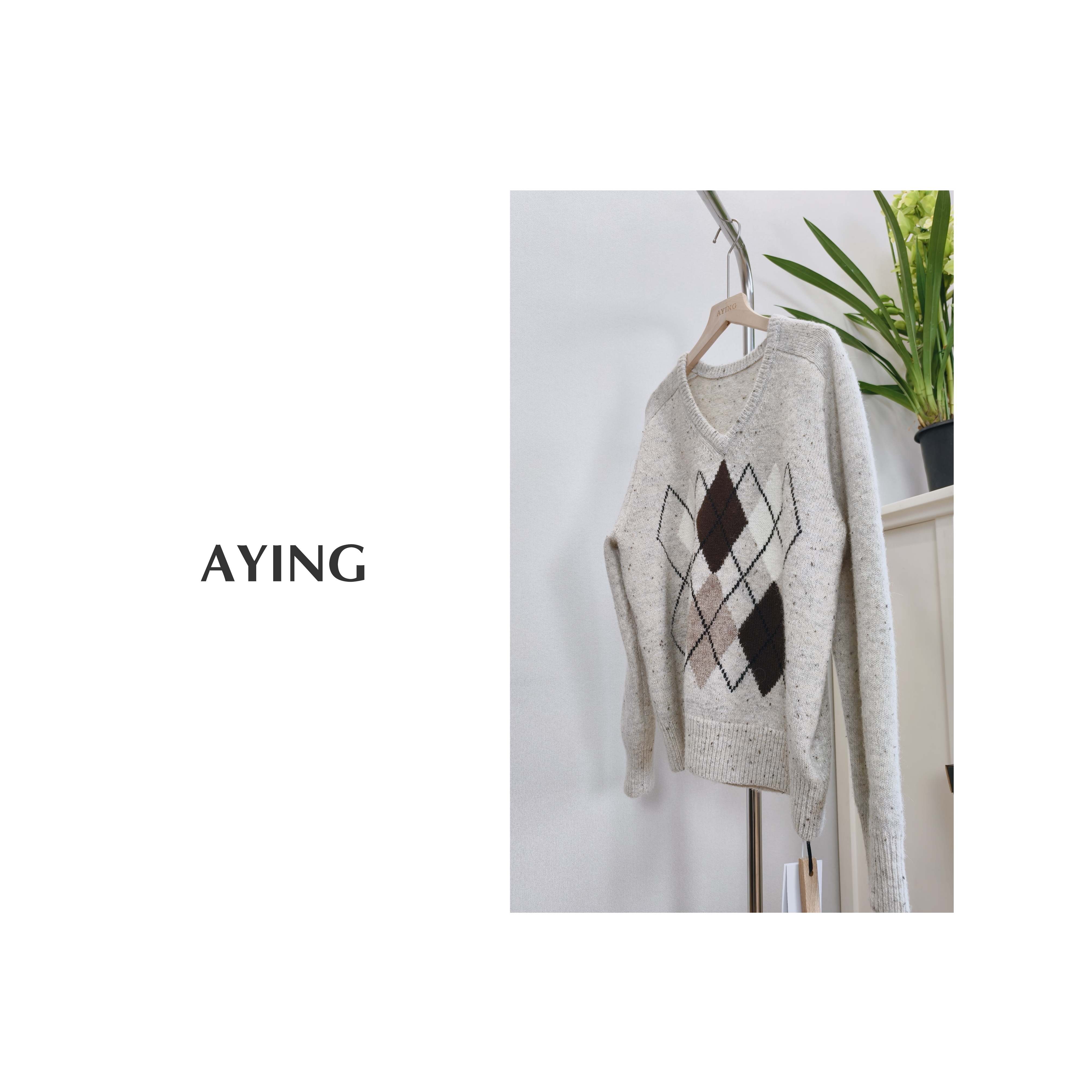 AYING   女士秋冬    复古费尔岛菱格V领长袖套头毛衣