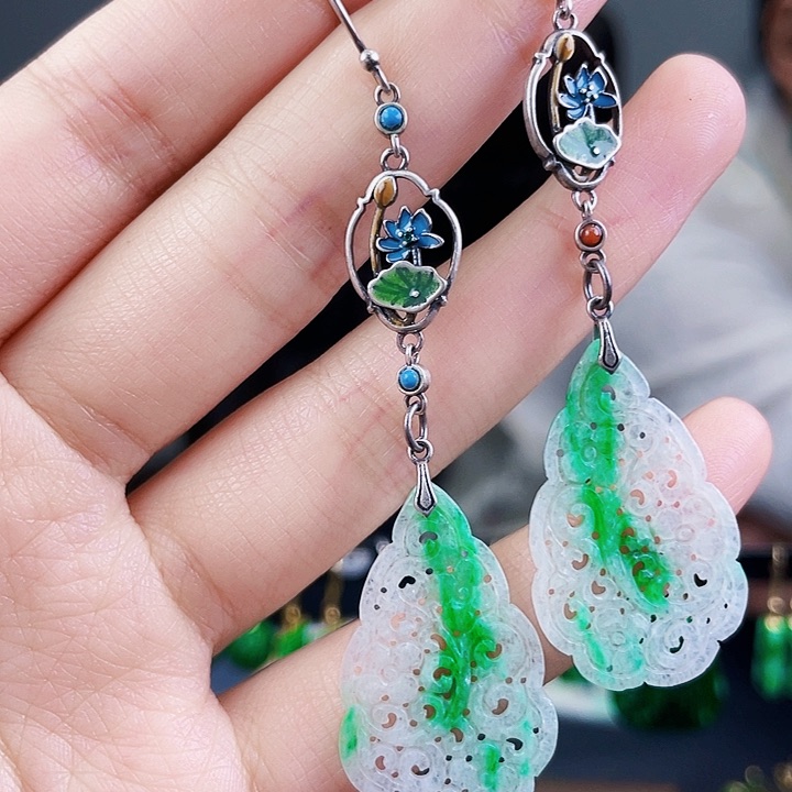 翡翠耳饰银S925镶嵌饰品