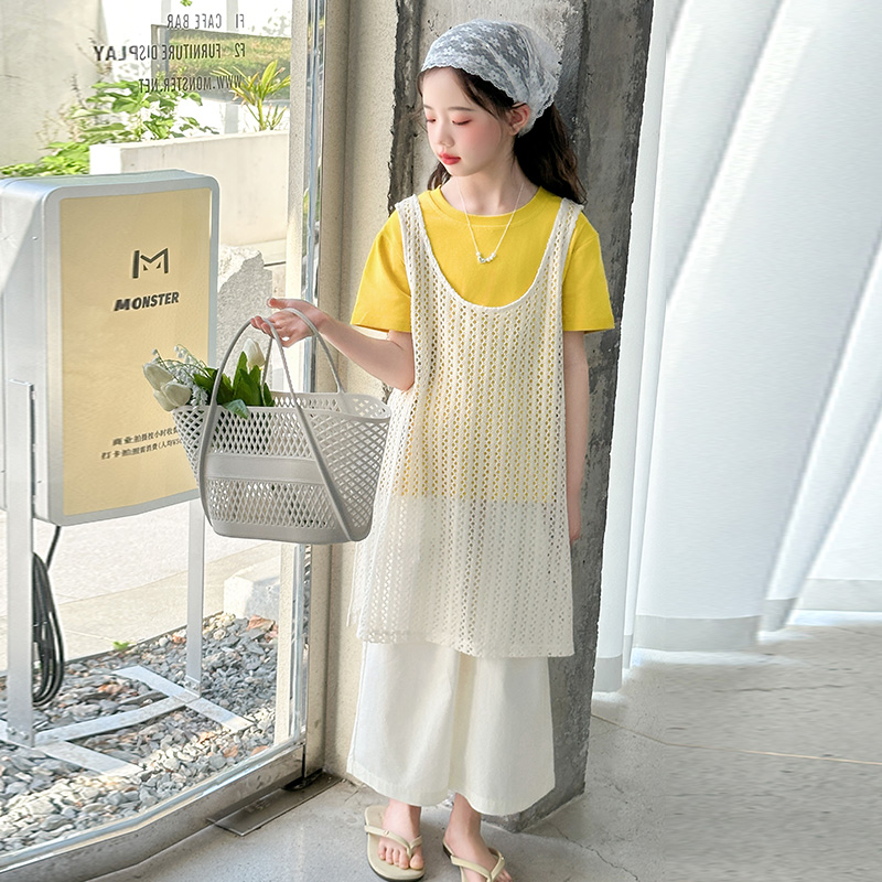 森系女童夏季套装中大童洋气镂空背心上衣阔腿裤时尚三件套度假风