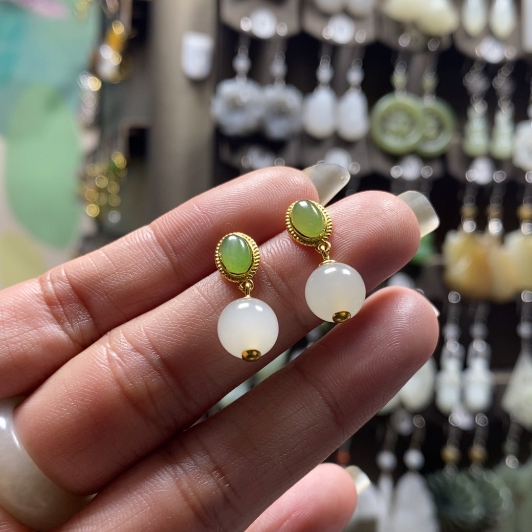 和田玉耳饰银S925镀金镶嵌烟**往