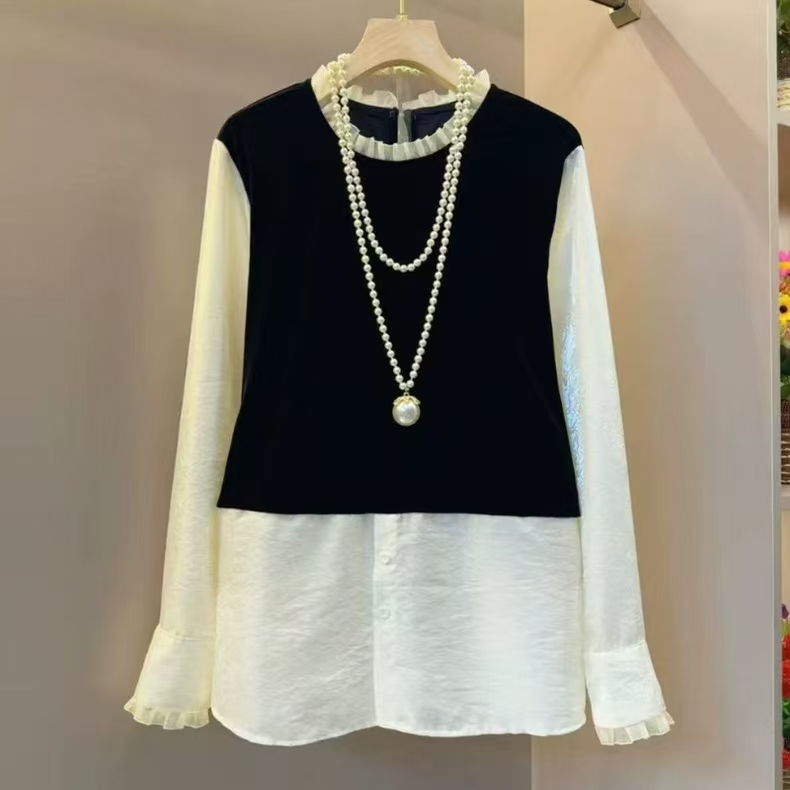 大码女装胖妹妹设计感假两件丝绒拼接上衣2025冬新款显瘦百搭T恤