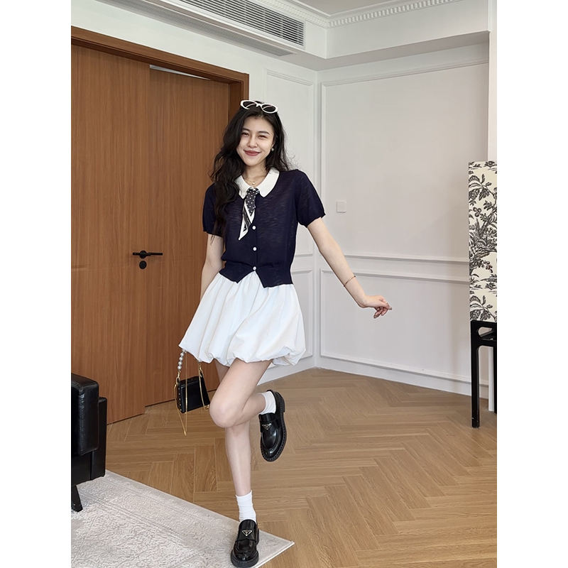 张阿星悠悠日记翻领丝巾莱赛尔亚麻T+显瘦花苞裙裤  W425S10551