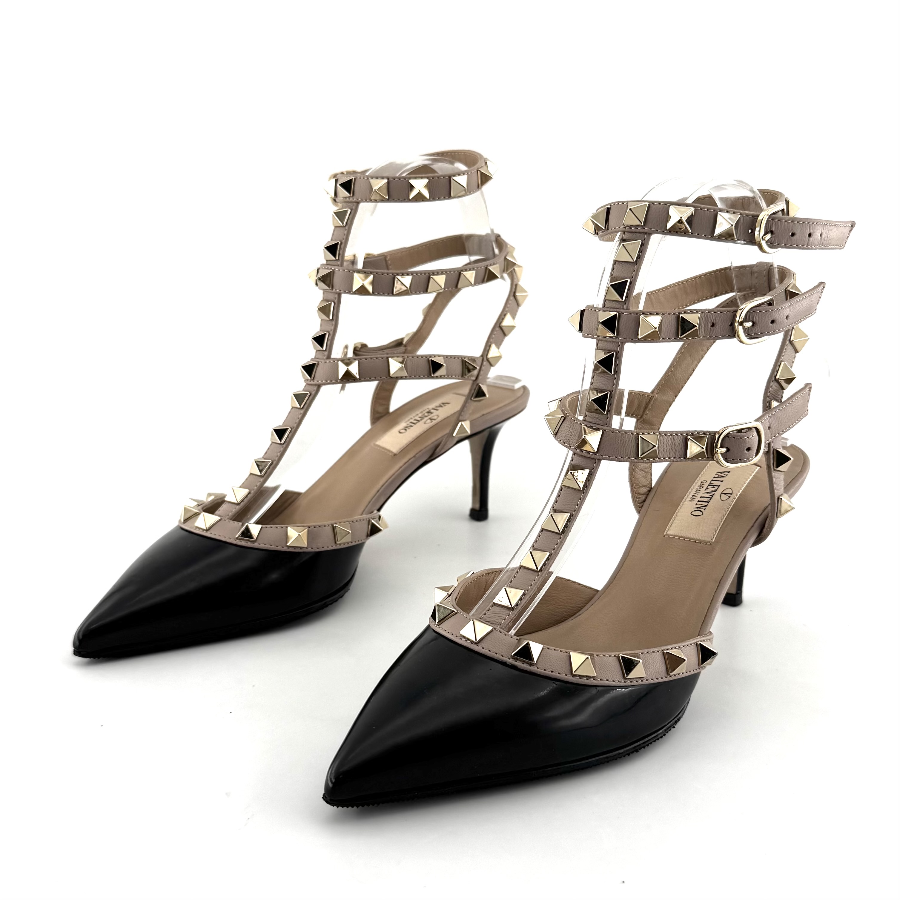 95新 Valentino/华伦天奴 华伦天奴 36码 三环黑色高跟鞋 D7504