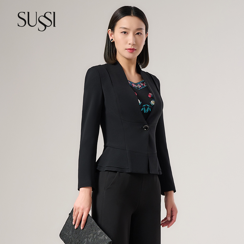SUSSI古色24春商场同款黑色长袖V领通勤小西装短款外套女