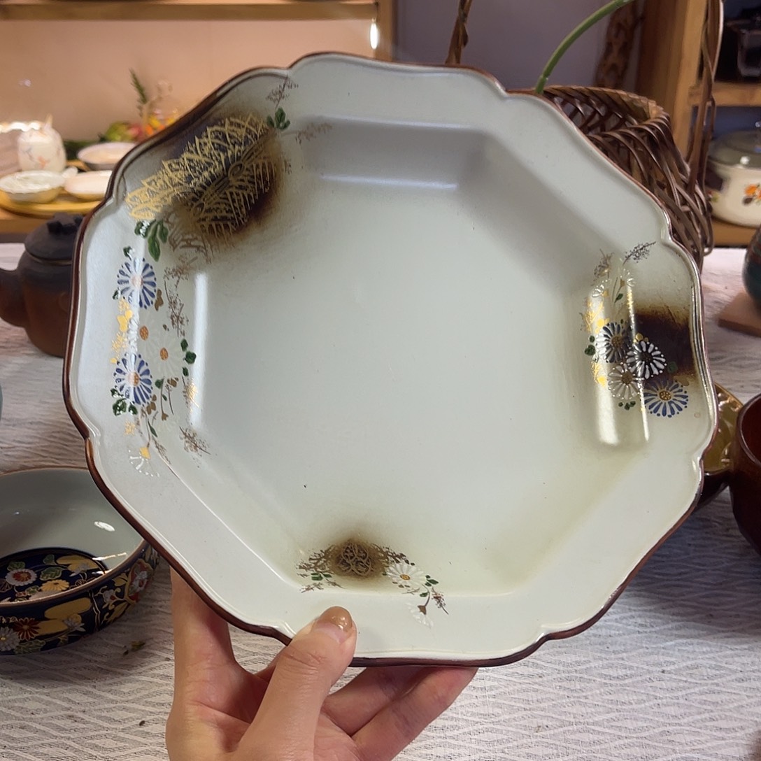 瓷片九谷烧花边酱釉大盘子18