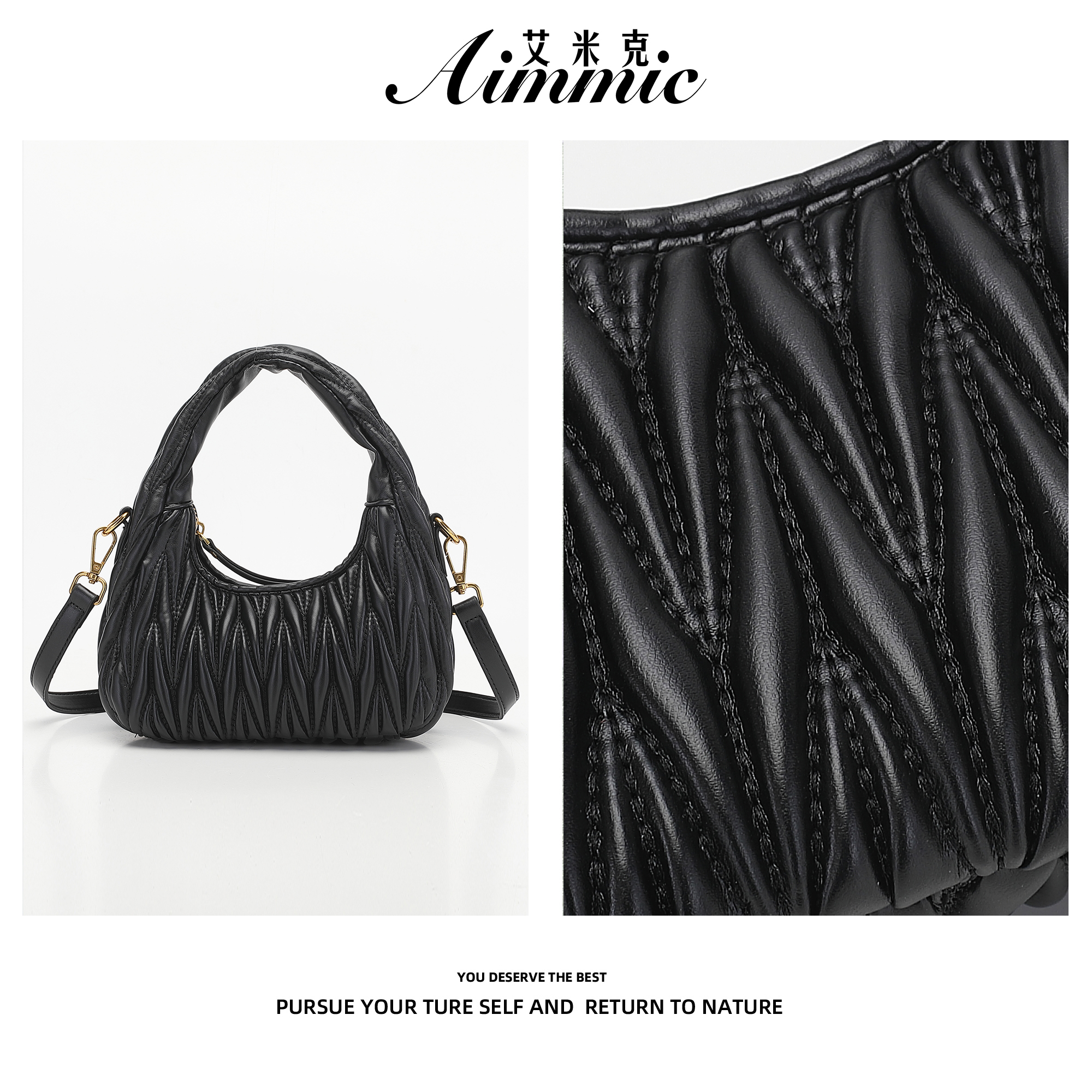 【A13】褶皱hobo时尚气质百搭女士手提包单肩斜挎包-黑