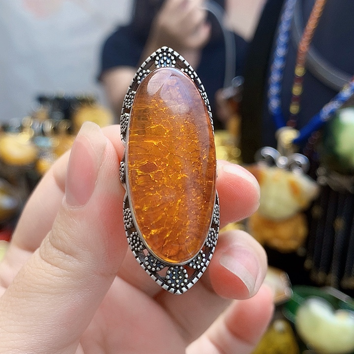 银S925镶嵌琥珀裸石细***c戒指