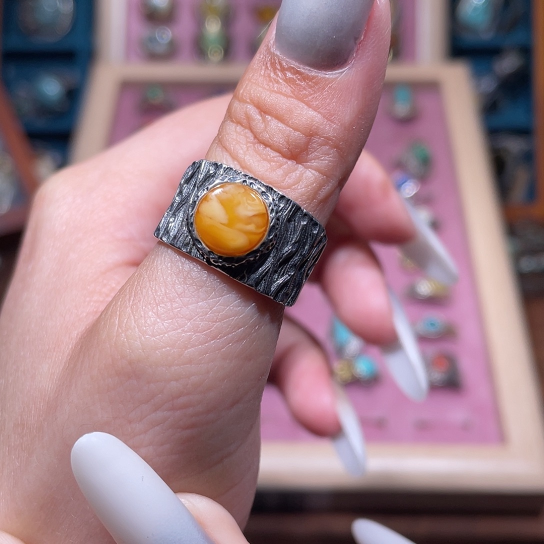 琥珀银S925镶嵌戒指戒指