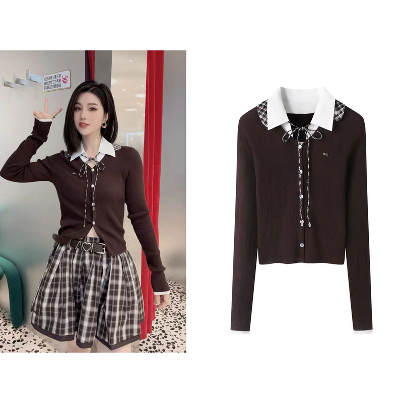 【J010】2025秋少女感可卸格子领毛衣开衫